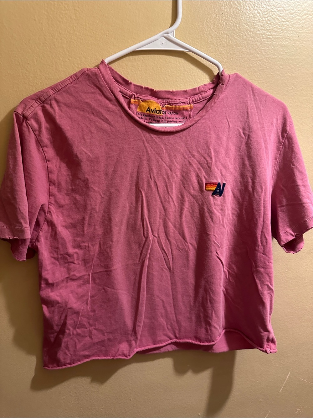 Aviator Nation Pink Cropped Tee with Rainbow 'A' Patch